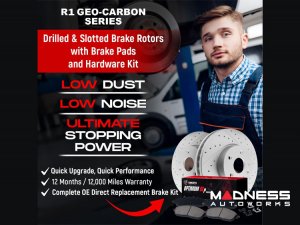 Alfa Romeo Giulia Brake Kit - 2.0L - Front - R1 Concepts - Optimum OEp Brake Pads - GEO-Carbon Drilled + Slotted Rotors